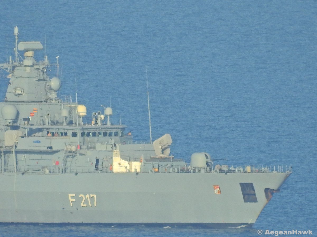 NATO SNMG2 Brandenburg class frigate F217 FGS Bayern patrolling Chios Strait in Aegean Sea   