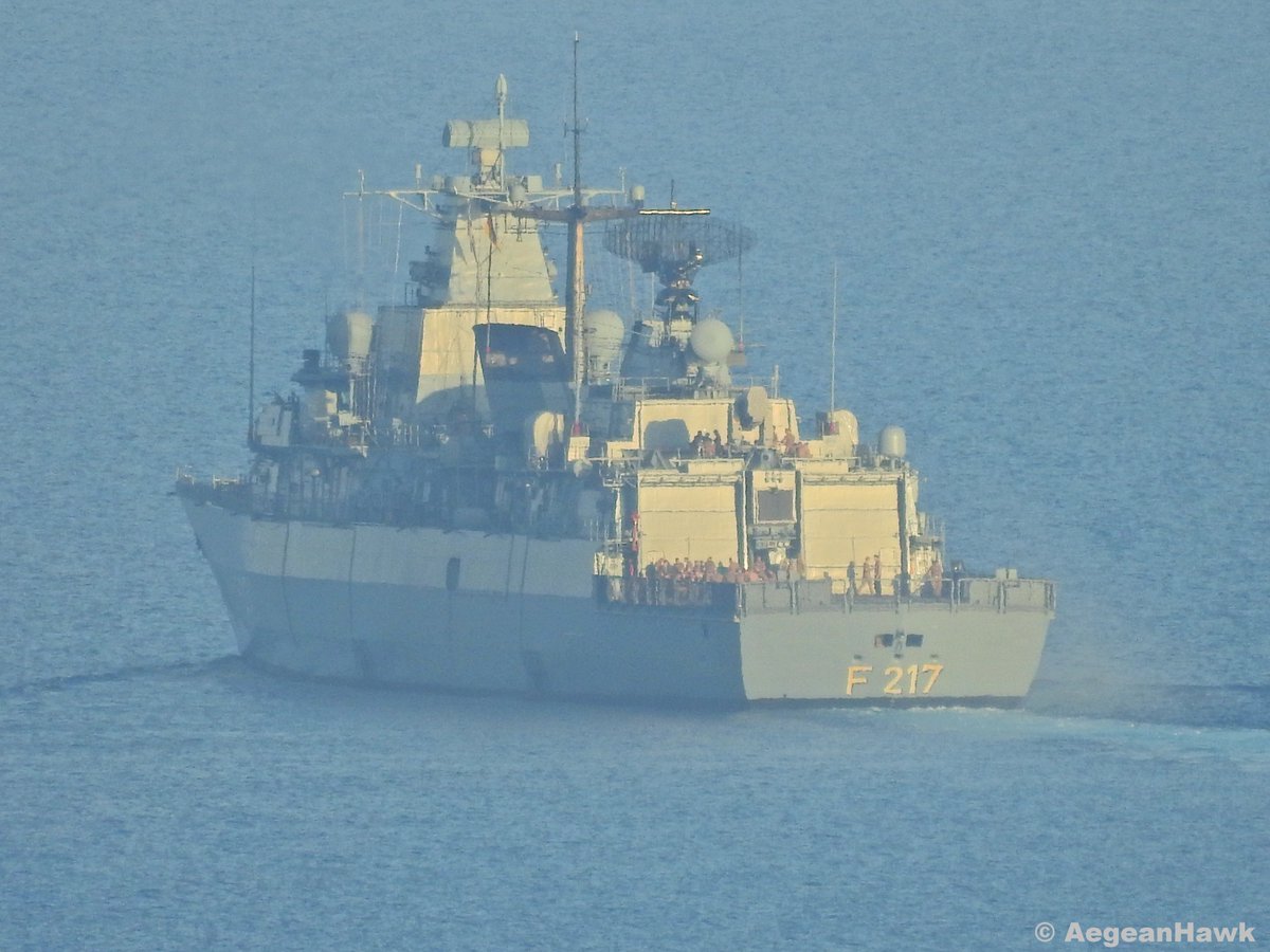 NATO SNMG2 Brandenburg class frigate F217 FGS Bayern patrolling Chios Strait in Aegean Sea   