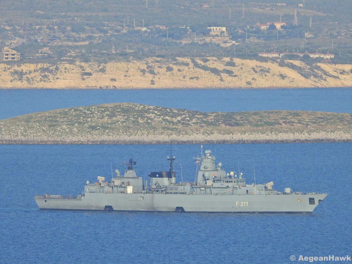 NATO SNMG2 Brandenburg class frigate F217 FGS Bayern patrolling Chios Strait in Aegean Sea   