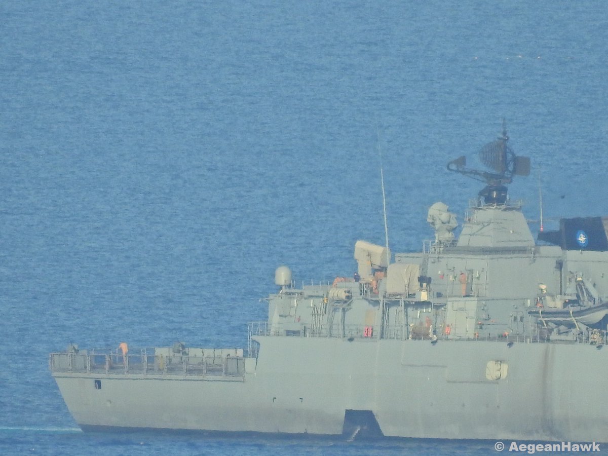 NATO SNMG2 Brandenburg class frigate F217 FGS Bayern patrolling Chios Strait in Aegean Sea   