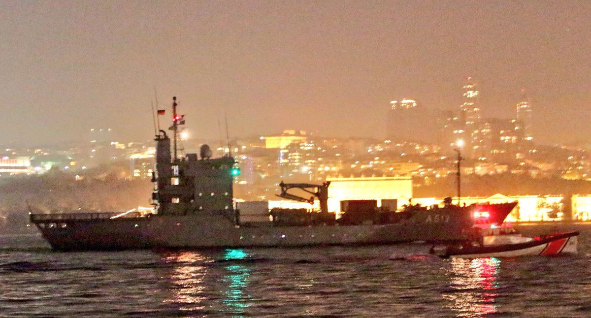 .@SNMCMG2 enters Black Sea: NATO SNMCMG2 flagship, German Navy 5th Squadron Type 404 Elbe class tender aux FGS Rhein A513 transited Bosphorus towards the Black Sea en route to Bulgaria to participate in joint hosted naval exercise #Poseidon18 and make a port call in Georgia.   