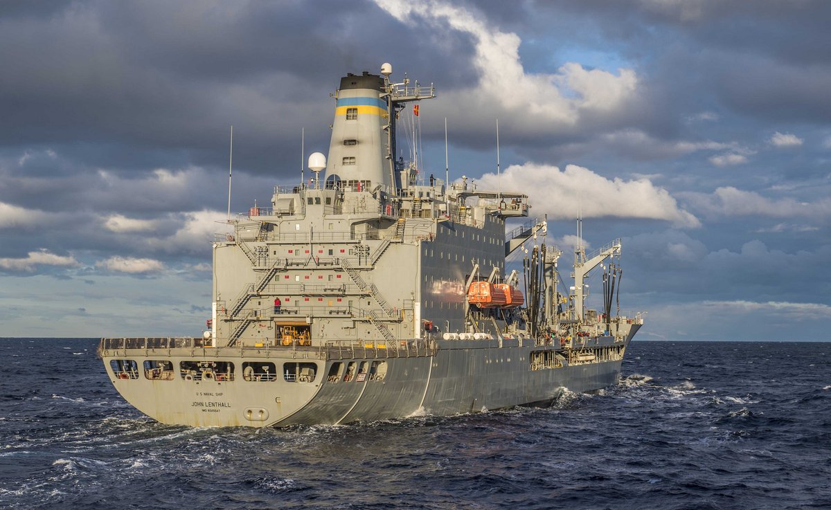 Fleet replenishment oiler USNS John Lenthall (T-AO 189) participates in an underway replenishment with the USSPorter (DDG 78) in the Mediterranean Sea Jan 6, 2019. 