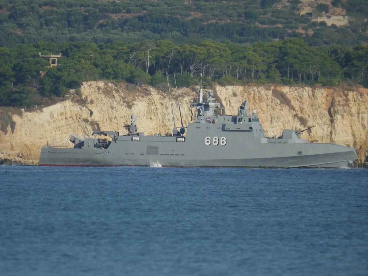 Egyptian navy Ambassador Mk III Missile Boat & Gowind-2500 corvette spotted in Souda bay near Crete Island during participation in Medusa-9 trilateral military exercise