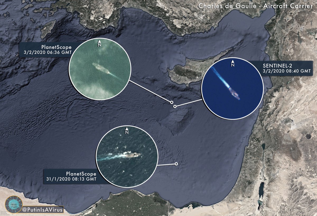 French aircraft carrier Charles de Gaulle spotted on a second satellite image this morning (3/2/2020) just south of Cyprus 