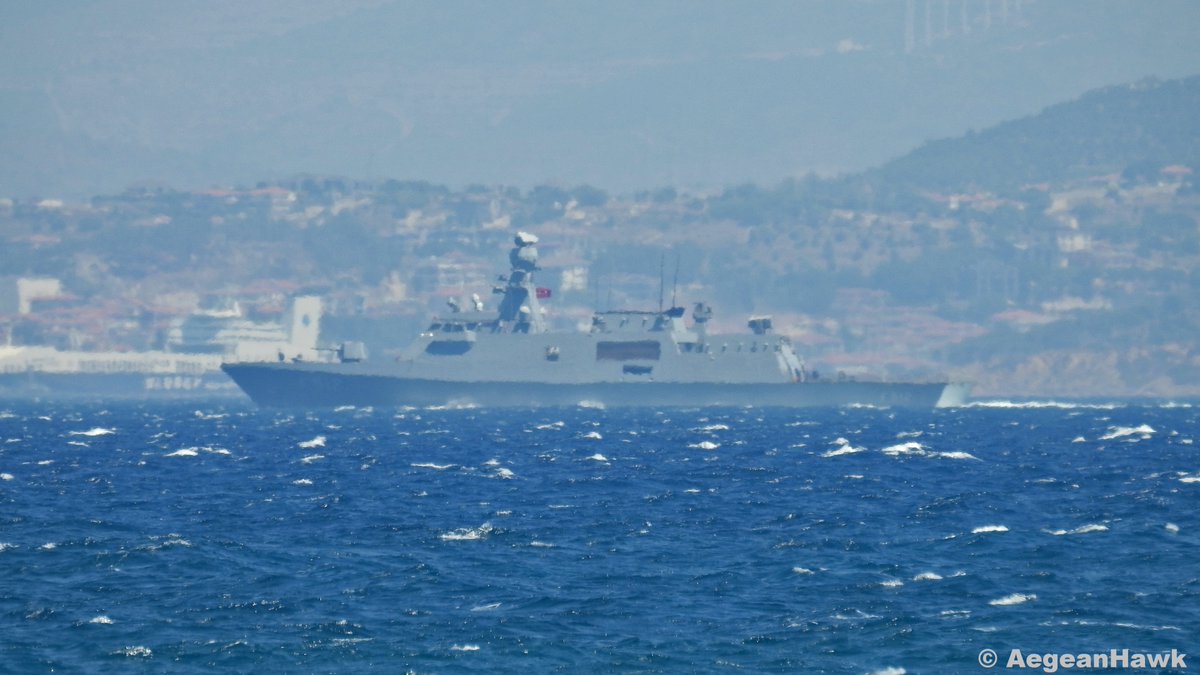 Turkish Navy Ada class corvette F512 TCG Buyukada spotted today early afternoon northbound Chios Strait towards Egriliman Strait in east Aegean Sea