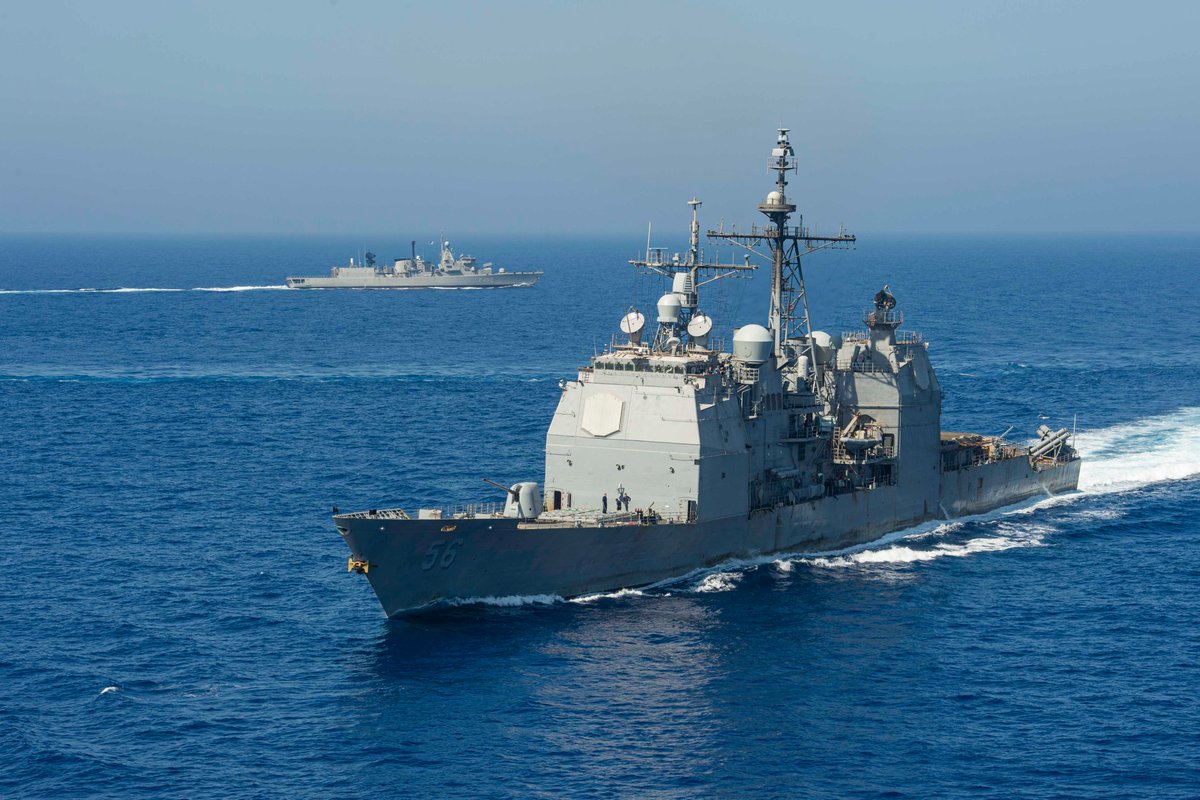 Greece's frigate AEGEON F460 exercised with the carrier DWIGHT D EISENHOWER CVN69 and cruiser SAN JACINTO CG56 in the Mediterranean 26 July as the US group makes its way back to Norfolk. AEGEON is the former Dutch BANCKERT F810