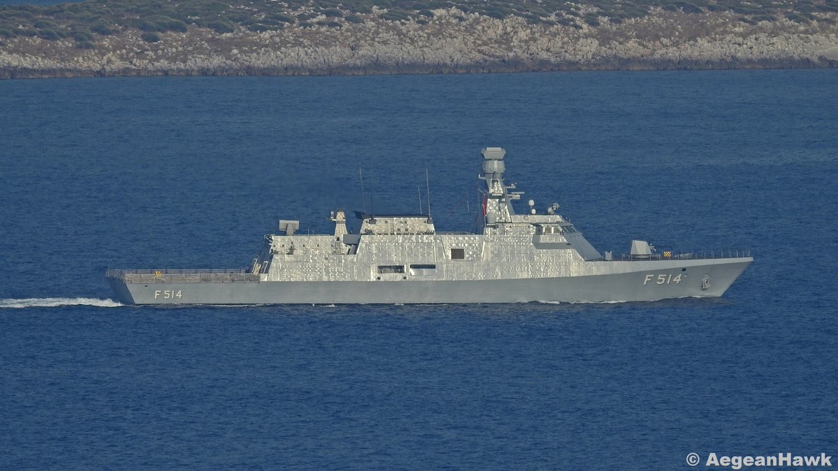 Turkish Navy corvette Ada class F-514 TCG Kinaliada spotted today afternoon southbound Chios Strait in east Aegean Sea