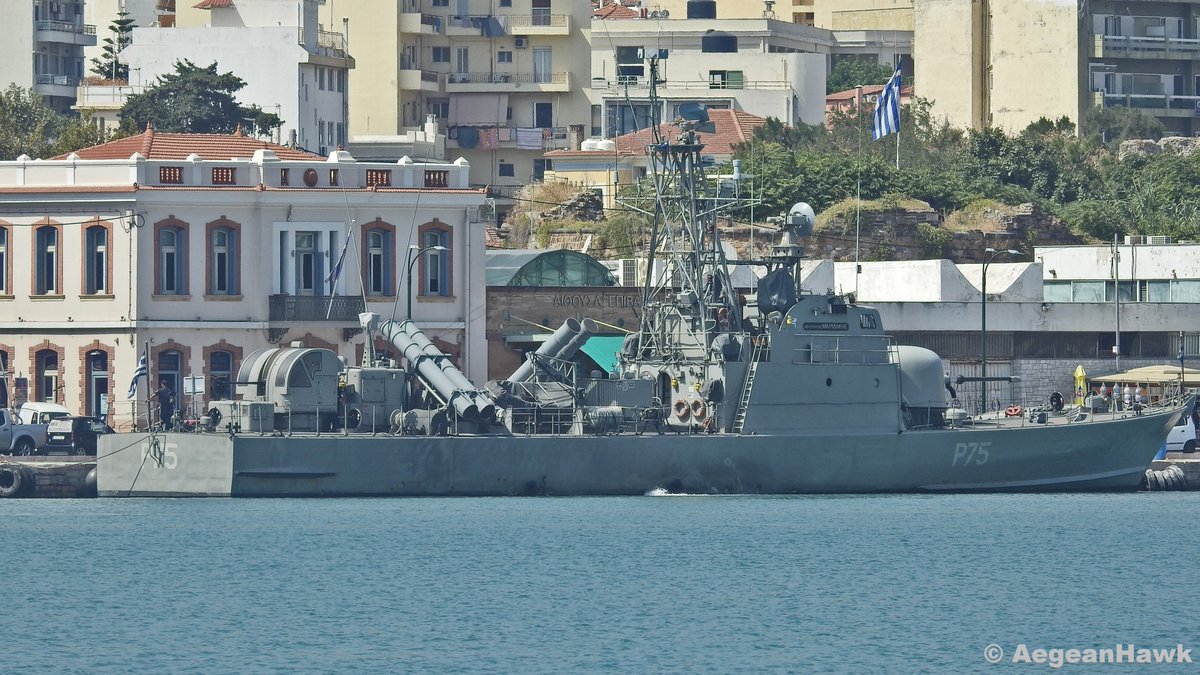 Hellenic Navy S-148 class Fast Patrol Boat P75 HS Maridakis  from FPB Squadron 2 at Chios island port during deployment in central Aegean Sea