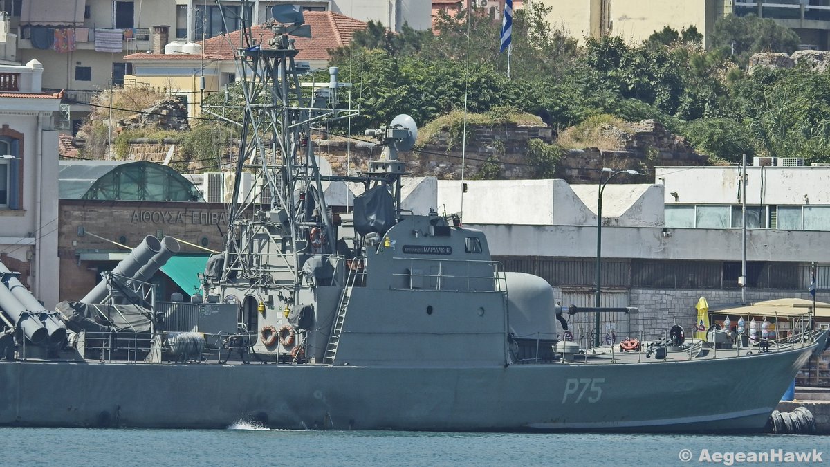 Hellenic Navy S-148 class Fast Patrol Boat P75 HS Maridakis  from FPB Squadron 2 at Chios island port during deployment in central Aegean Sea