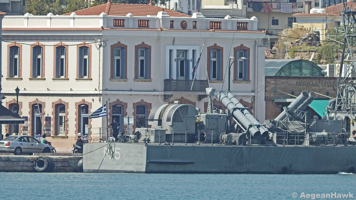 Hellenic Navy S-148 class Fast Patrol Boat P75 HS Maridakis  from FPB Squadron 2 at Chios island port during deployment in central Aegean Sea