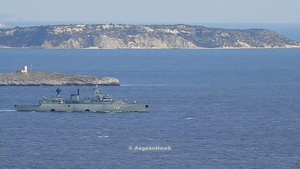 German Navy Brandenburg class frigate F215 FGS Brandenburg spotted today afternoon patrolling southbound Chios Strait in Aegean Sea with NATO SNMG2