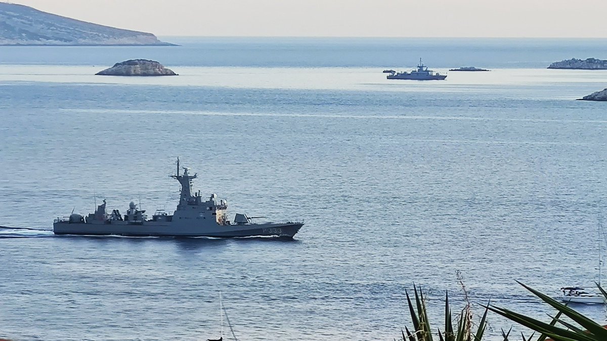 Turkish Navy Kılıç class fast attack craft TCG Tufan P-333 leaves Kaş and passes the Hellenic Navy ship patrolling close to the island of Kastellorizo