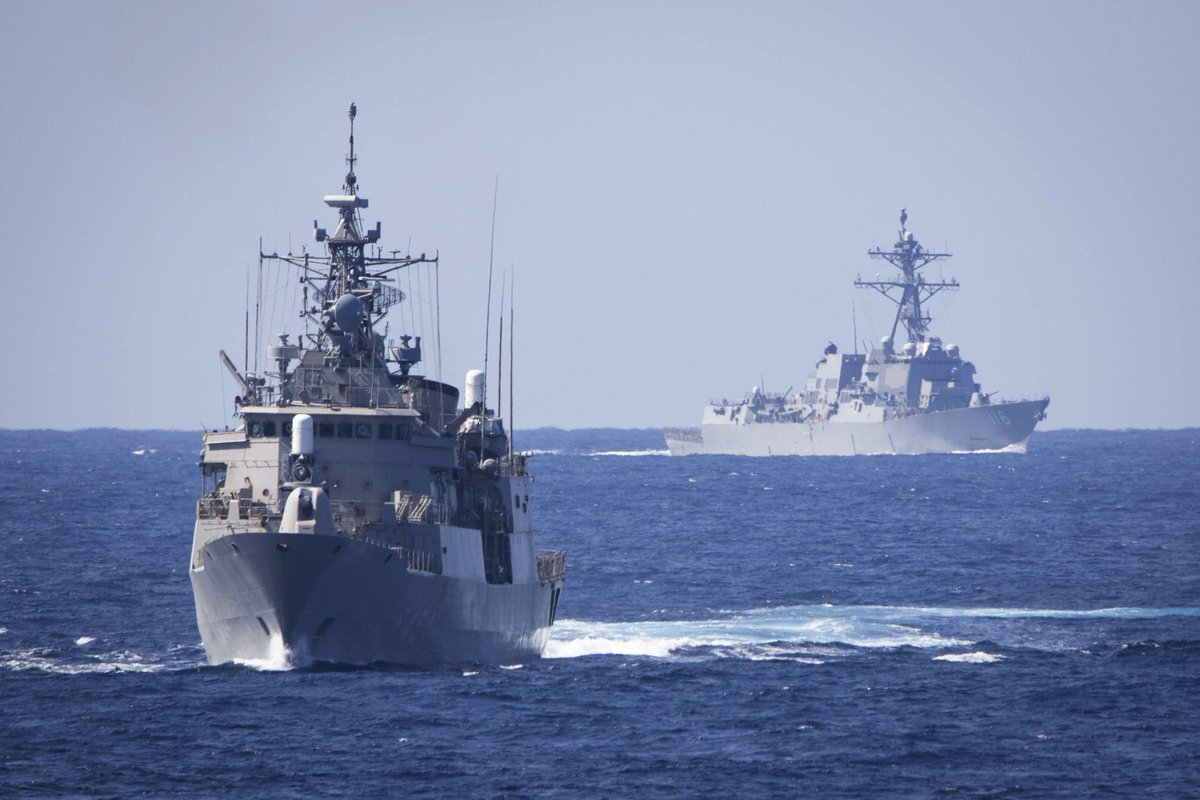 Greek frigate PSARA F494 conducting live-fire exercises with her five-inch gun along with US destroyers THOMAS HUDNER DDG116 and MITCHSER DDG57 in the Mediterranean on 12 March. The US ships are part of the EISENHOWER CVN69 Carrier Strike Group