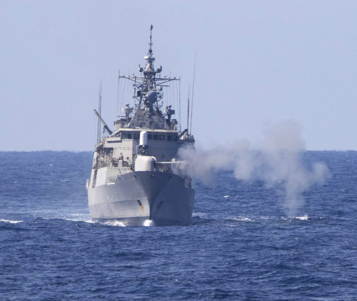 Greek frigate PSARA F494 conducting live-fire exercises with her five-inch gun along with US destroyers THOMAS HUDNER DDG116 and MITCHSER DDG57 in the Mediterranean on 12 March. The US ships are part of the EISENHOWER CVN69 Carrier Strike Group