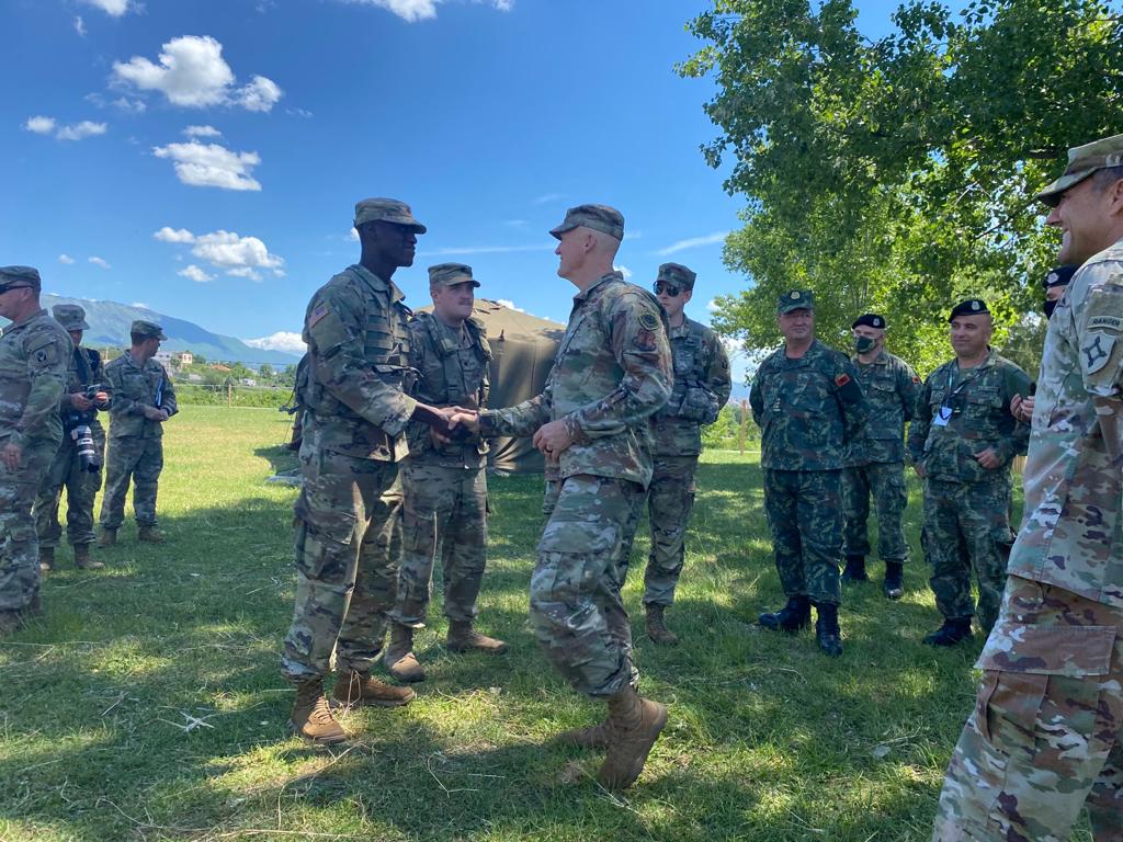 Air Force Maj. Gen. James Eifert, Adjutant General, @FLGuard, spends time with Soldiers from the 53rd Infantry Brigade Combat Team who are participating in DefenderEurope 21, in Albania