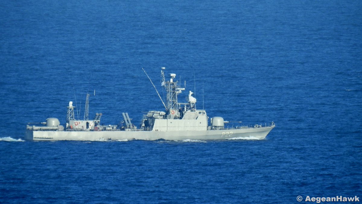 Hellenic Navy La Combattante III class Fast Missile Patrol Boat P22 HS Mykonios spotted today late afternoon southbound Chios Strait towards Chios island port