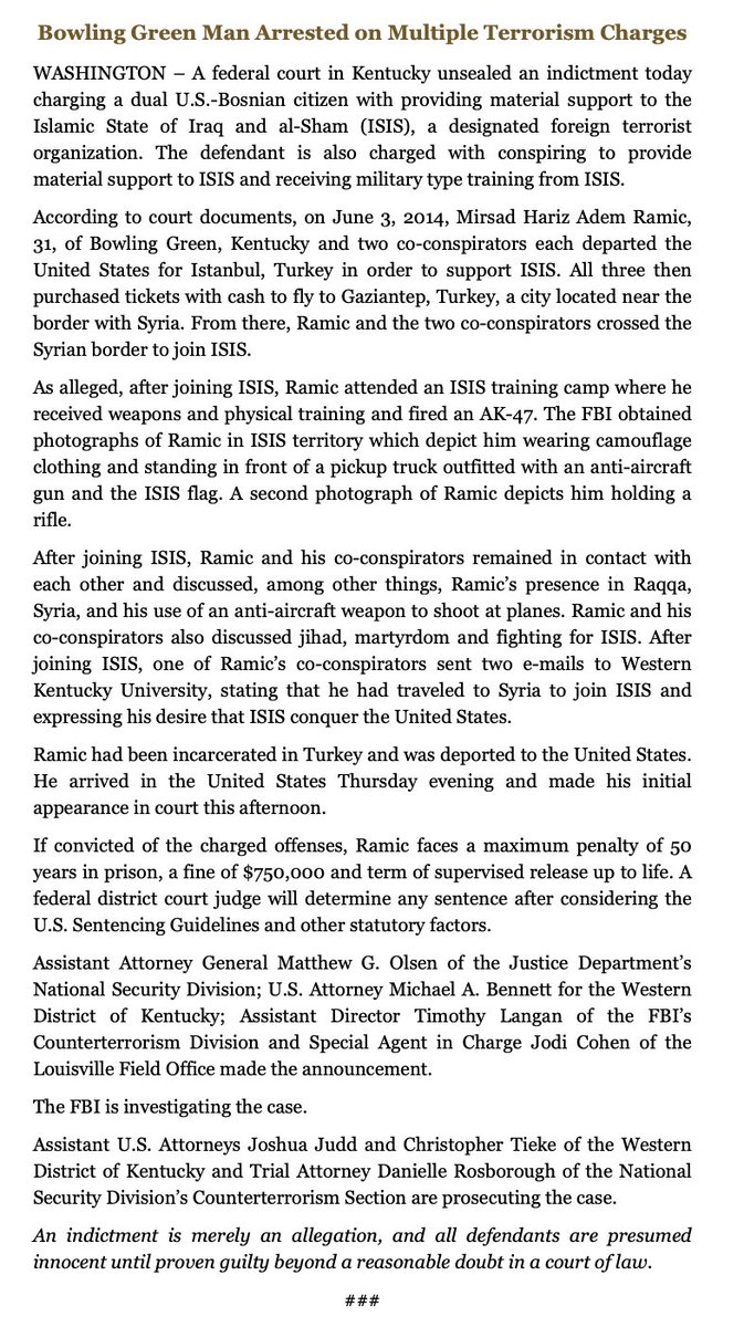 Dual US-Bosnian citizen charged with providing material support to ISIS   31yo Mirsad Hariz Adem Ramic of Bowling Green Kentucky -alleged to have attended an ISIS training camp in Syria- was deported from Turkey to the US last week, per @TheJusticeDept