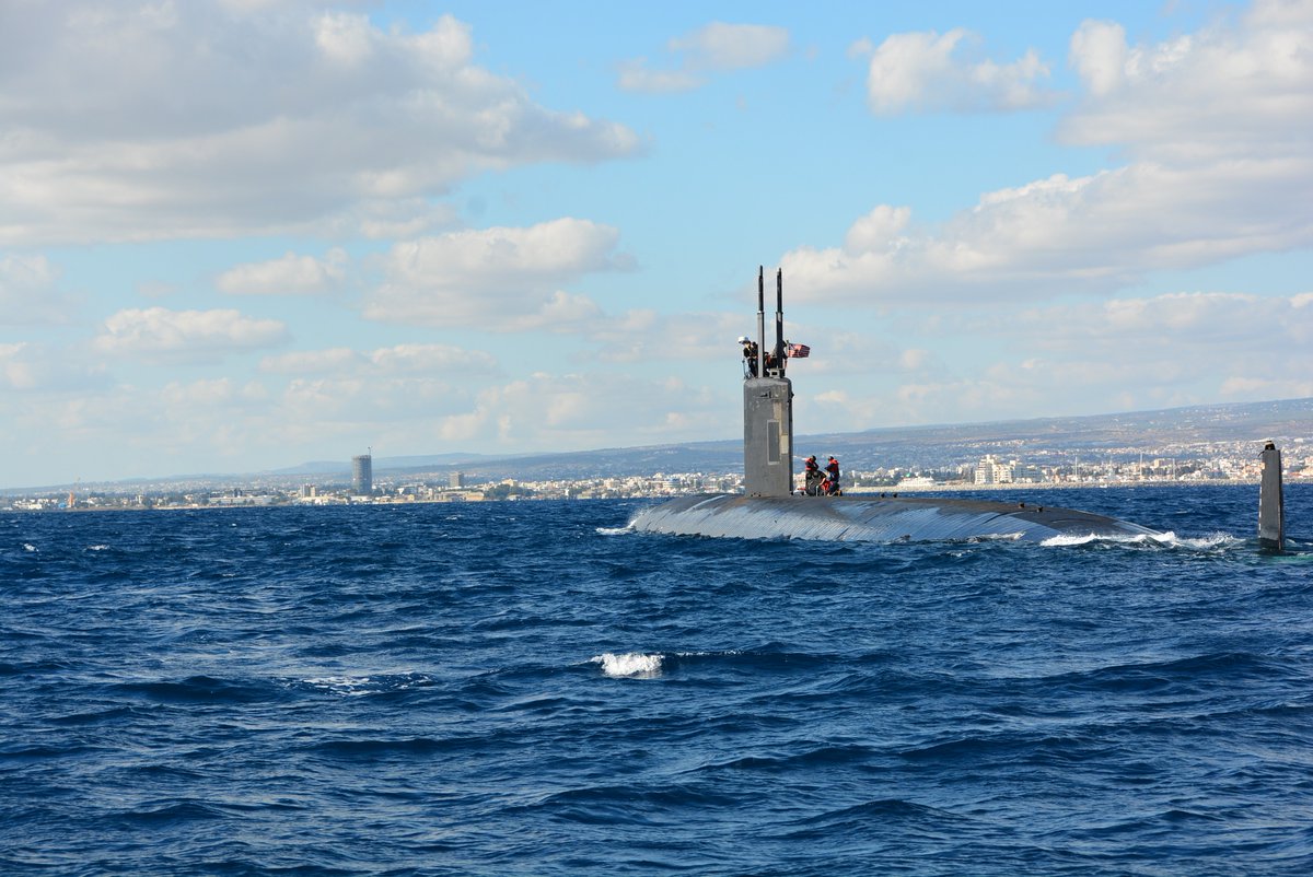 The Los Angeles-class Submarine USSAlbany, operating in the U.S. Sixth Fleet area of operations, conducts a brief stop for personnel near Limassol, Cyprus