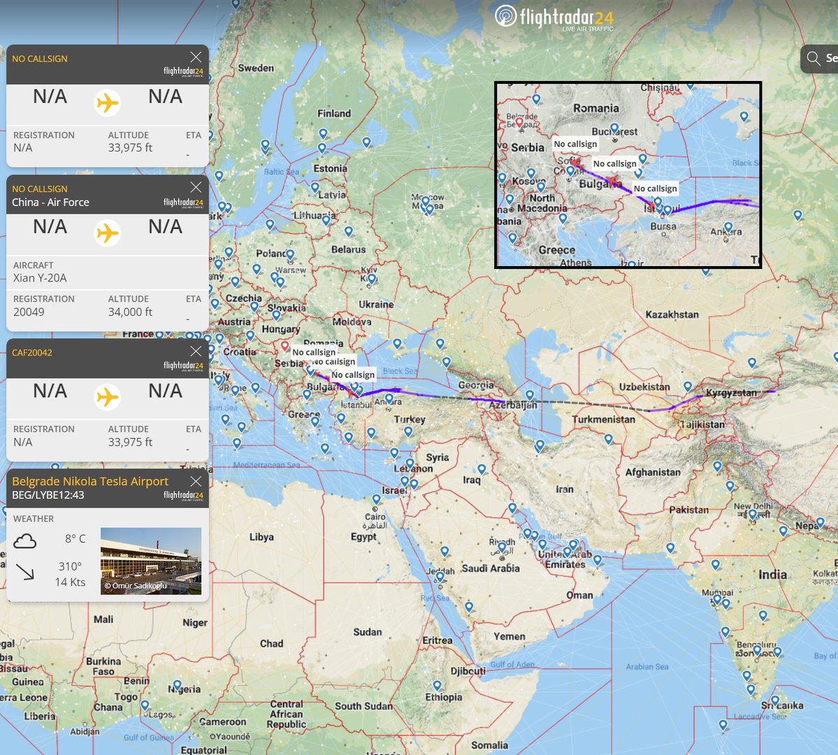 Just like yesterday, a group of Chinese Air Force Y-20A (Il-76/C-17A rival) cargo aircraft is currently en route to Belgrade, Serbia (est.), likely delivering military equipment.  7A427F 20047; 7A4285 20045; 7A4282 20042; 7A428A 20142; 7A4287 20049; 7A4281 20041