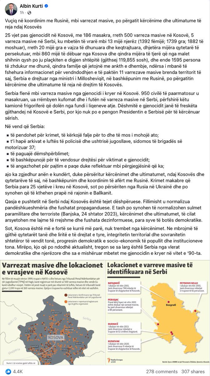 El Primer Ministro de Kosovo, Kurti: Vucic, en cooperación con Rusia, está preparando nuevas amenazas y ultimátums contra Kosovo. Hoy Kosovo es más fuerte que nunca y no teme a las amenazas. Protegemos a todos nuestros ciudadanos, nuestras libertades y la soberanía e integridad territorial de nuestro país.