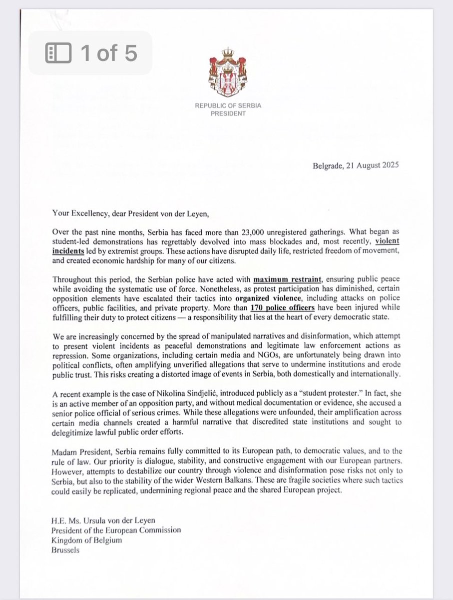 Serbias’s President Aleksandar Vučić wrote a letter to ’s Commission President Ursula von der Leyen