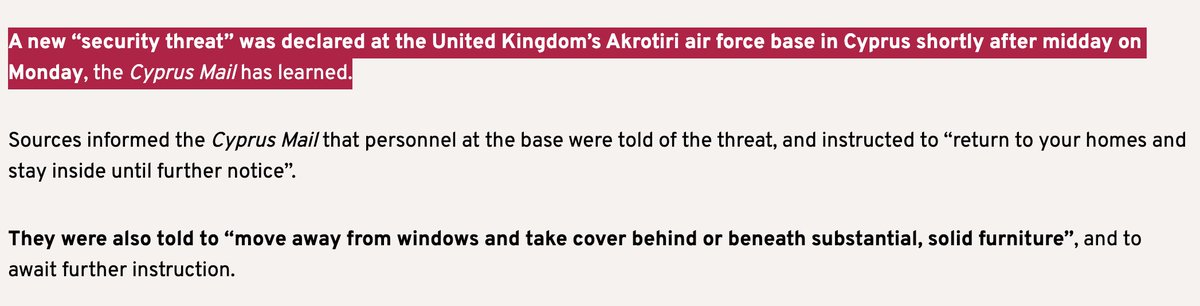 A new “security threat” has been declared at the United Kingdom’s Akrotiri air force base in Cyprus shortly after midday on Monday, the Cyprus Mail has learned
