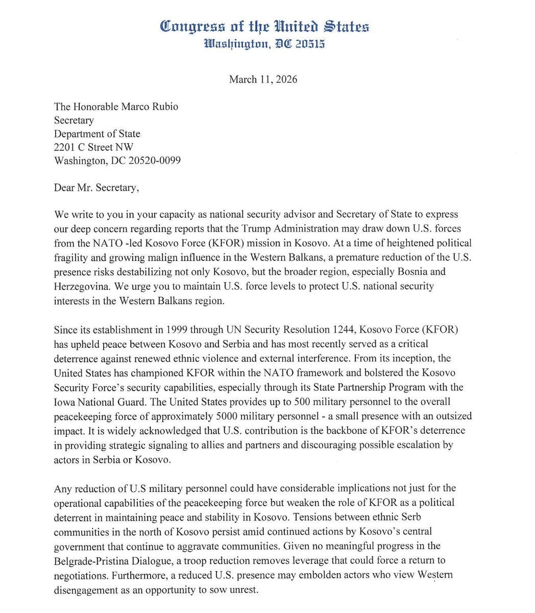 U.S. lawmakers warn Trump administration that Kosovo troop withdrawal could 'destabilize' Balkans. Bipartisan group of senators and representatives tell Sec Rubio that reducing 500-strong peacekeeping force would embolden nationalist agendas and cede ground to Russia