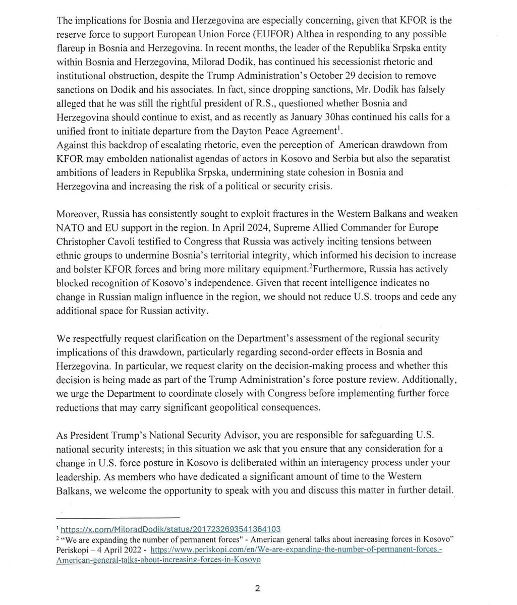 U.S. lawmakers warn Trump administration that Kosovo troop withdrawal could 'destabilize' Balkans. Bipartisan group of senators and representatives tell Sec Rubio that reducing 500-strong peacekeeping force would embolden nationalist agendas and cede ground to Russia