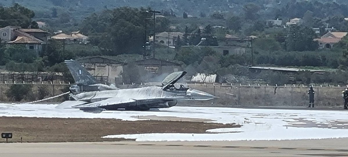 According to several eyewitness on Facebook, an F-16C Fighting Falcon with the Greek Hellenic Air Force has crash landed and burst into flames at Zakynthos International Airport in Southern Greece. The fire has since been extinguished, with the status of the pilot unknown
